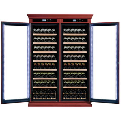 Buen precio Enfriador de vino de cocina de madera maciza con puertas dobles de vidrio con cerradura en línea