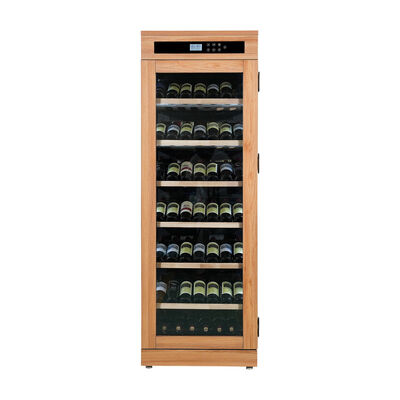Buen precio Cabinet de refrigeración de vino de madera duradera con acabado de roble natural y almacenamiento de botellas horizontales en línea