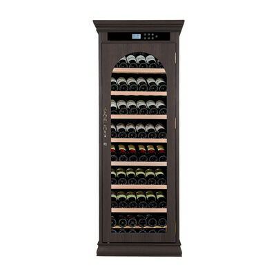 Buen precio Gabinete de refrigeración de vino independiente de madera sólida marrón oscuro con puerta de vidrio arqueado y panel de control digital en línea