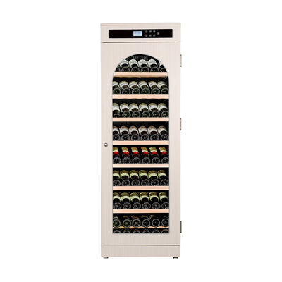 Buen precio Gabinete de refrigeración de vino de madera sólida de primera calidad con panel de control digital y puerta de vidrio arqueado en línea