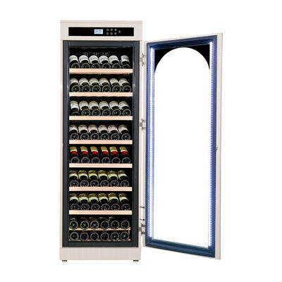 Buen precio Enfriador de vino de madera independiente con panel de control digital y puerta de vidrio arqueada en línea