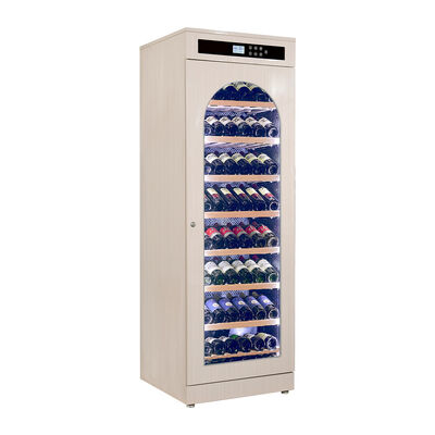 Buen precio Cooler de vino de madera sólida de cocina de color beige ligero moderno con panel de control digital y puerta de vidrio con arco en línea