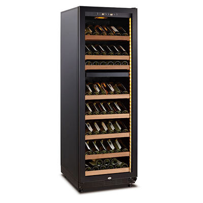 Buen precio Control de temperatura de doble zona Enfriador de vino de madera con capacidad de 120 botellas e iluminación interior LED en línea