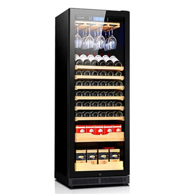 Buen precio Refrigerador de vino de madera independiente con capacidad de 160 botellas y puerta de vidrio de doble panel resistente a los rayos UV en línea