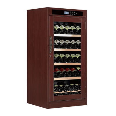 Buen precio Enfriador de vino de madera color Borgoña con puerta de cristal con cerradura y enfriamiento termoeléctrico en línea