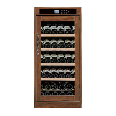 Buen precio Cuadro de madera Control de temperatura digital gabinete de refrigeración de vino con puerta de vidrio templado y protección UV en línea