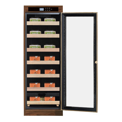 Buen precio Armario de humidor de cigarro eléctrico de marco de madera independiente con puerta de vidrio cerrable y sistema de humidificación incorporado en línea