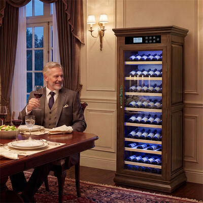 Buen precio Armario enfriador de vino de cocina con marco de madera y puerta de vidrio con protección UV en línea