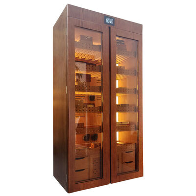 Buen precio Humectador del refrigerador del cigarro del gabinete del marco de madera sólida de la puerta dual con la iluminación del LED en línea