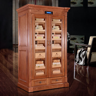 Buen precio Cabinet de humidificador de cigarros de madera maciza de doble puerta con bloqueo seguro en línea