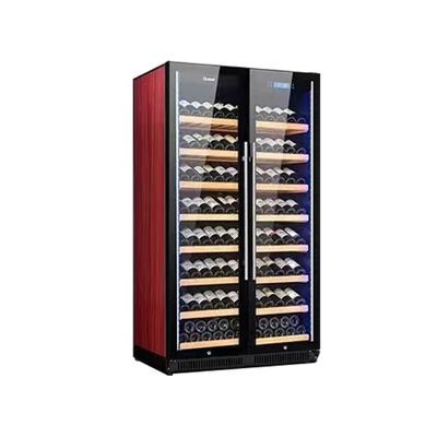 Buen precio Gabinete de refrigeración de vino de doble zona con puertas de vidrio templado y estantes de madera en línea