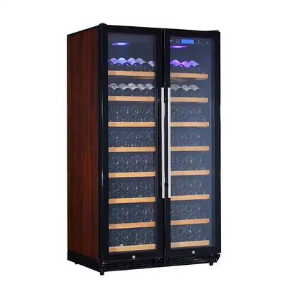 Buen precio Cuadro de acabado de madera de doble zona gabinete de enfriador de vino con puertas de vidrio doble en línea